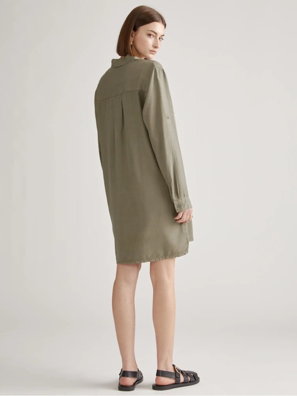 Quince Olive Gray Vintage Wash Tencel Roll Sleeve Tunic Dress Medium - Picture 2 of 11